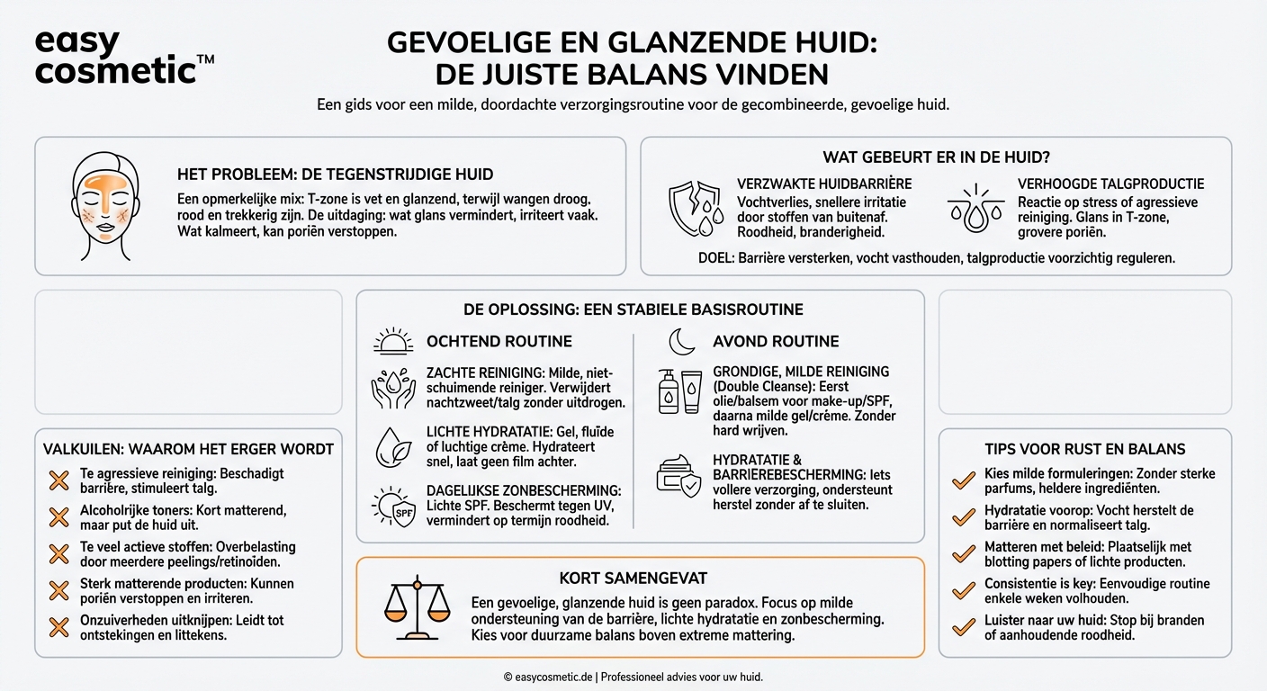 Hoe pas ik mijn dagelijkse verzorgingsroutine aan als mijn huid tegelijk gevoelig is en neigt tot glans?