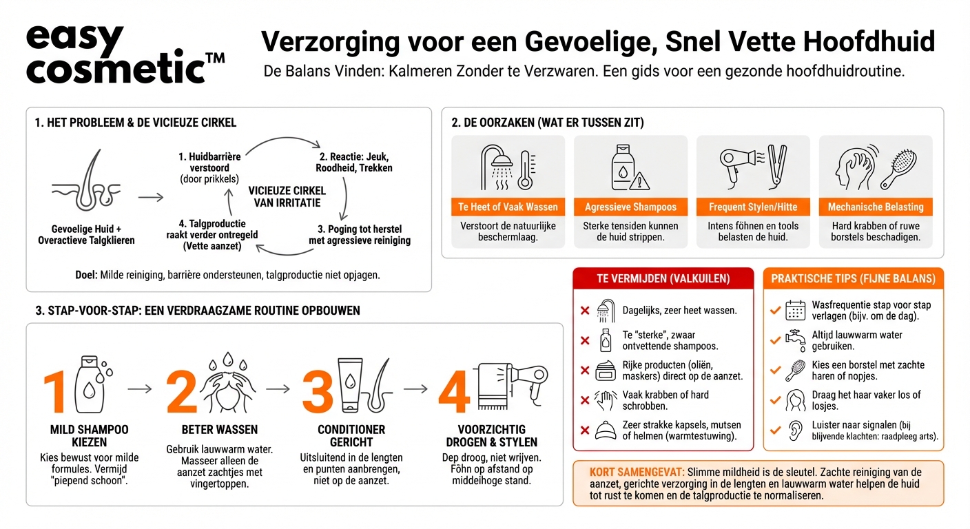 Hoe pas ik mijn haarverzorging aan als mijn hoofdhuid zowel gevoelig is als de neiging heeft vet te worden?