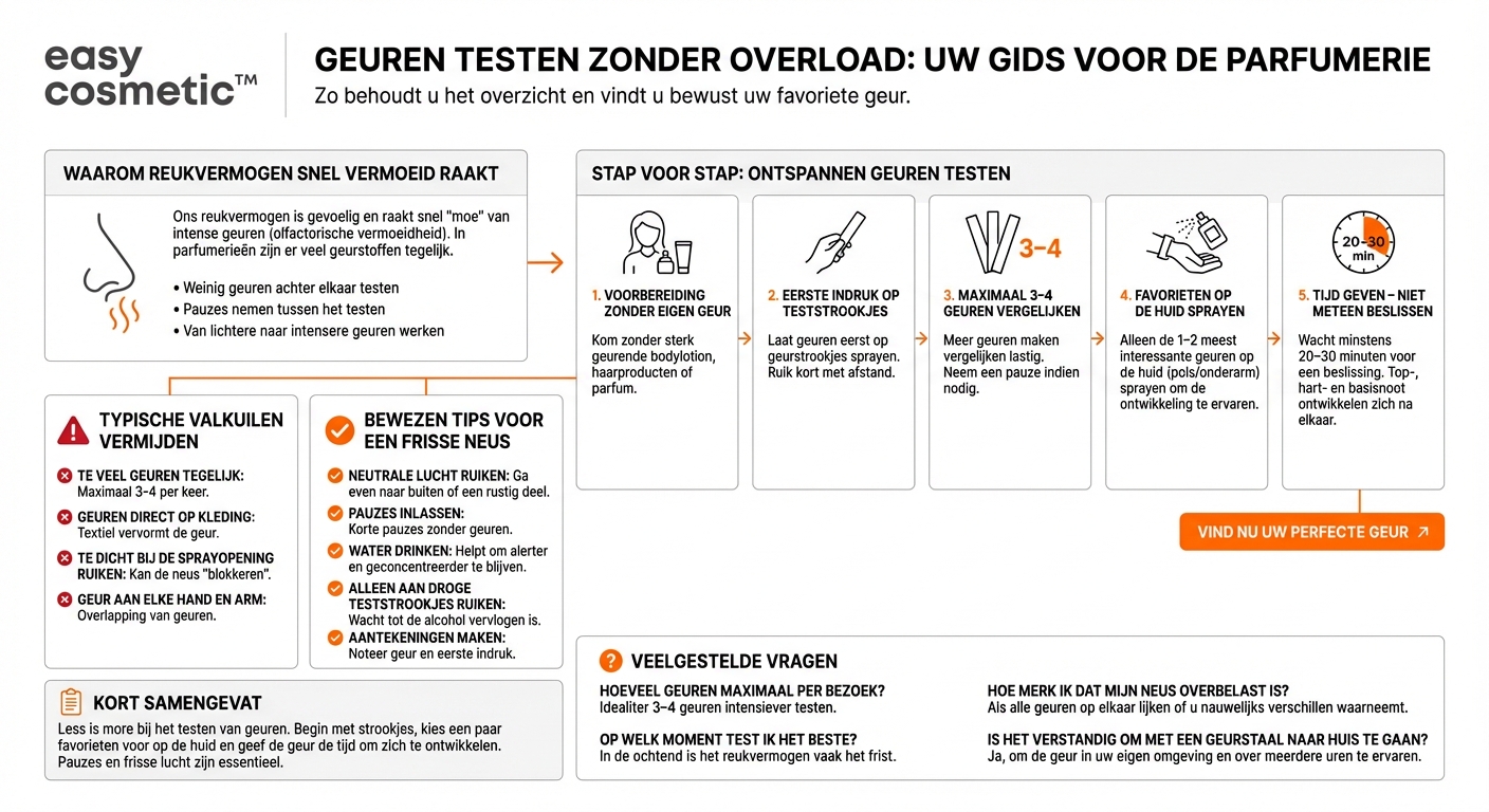 Hoe test ik geuren het beste in de parfumerie zonder mijn reukzin te overbelasten?