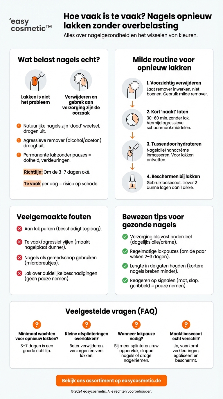 Hoe vaak kan ik mijn nagels achter elkaar opnieuw lakken zonder ze te veel te belasten?