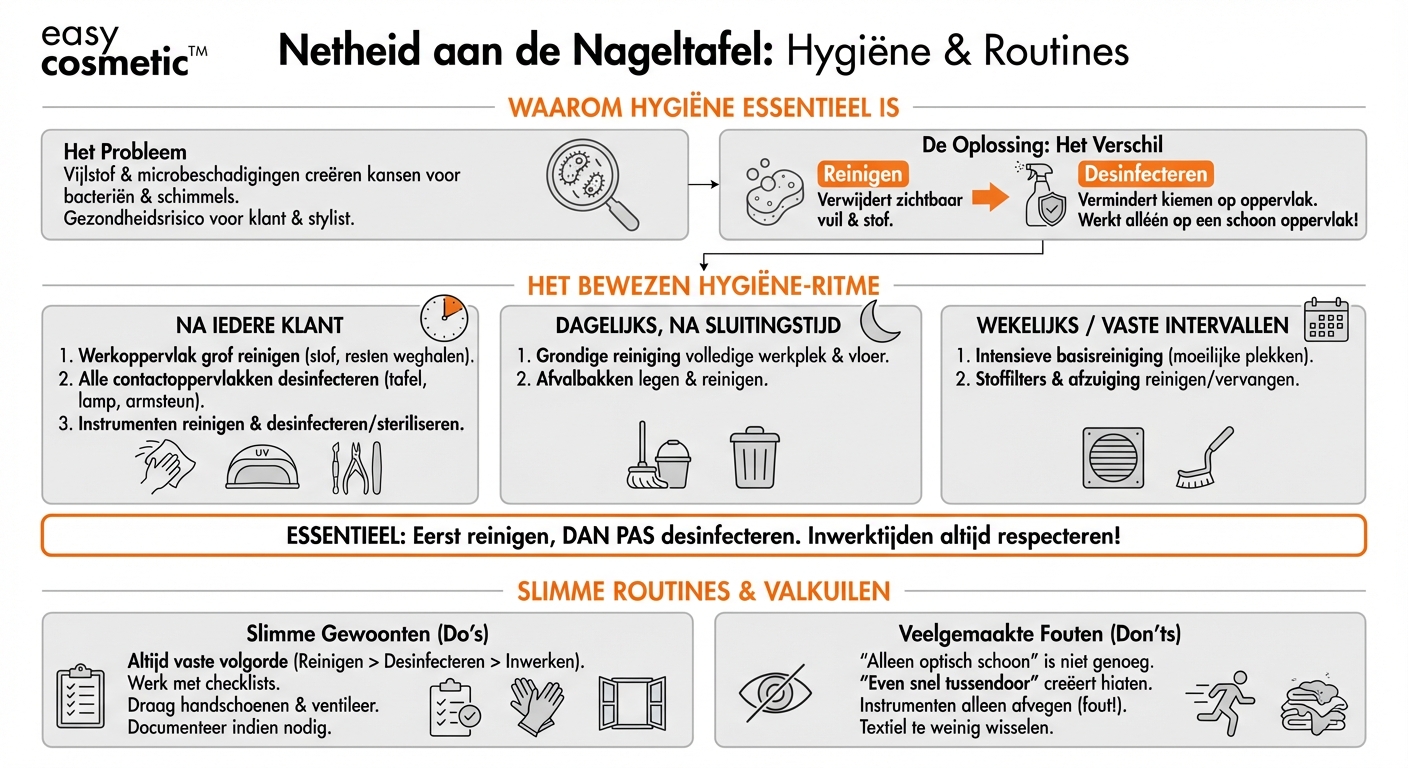 Hoe vaak moet een nagelmodellage-station in de studio worden gereinigd en gedesinfecteerd?
