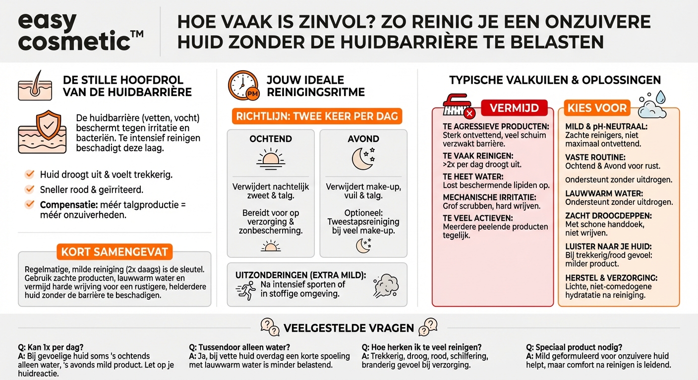 Hoe vaak moet ik een onzuivere huid reinigen zonder de huidbarrière te beschadigen?