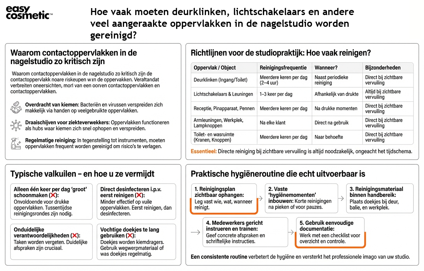 Hoe vaak moeten deurklinken, lichtschakelaars en andere veel aangeraakte oppervlakken in de nagelstudio worden gereinigd?
