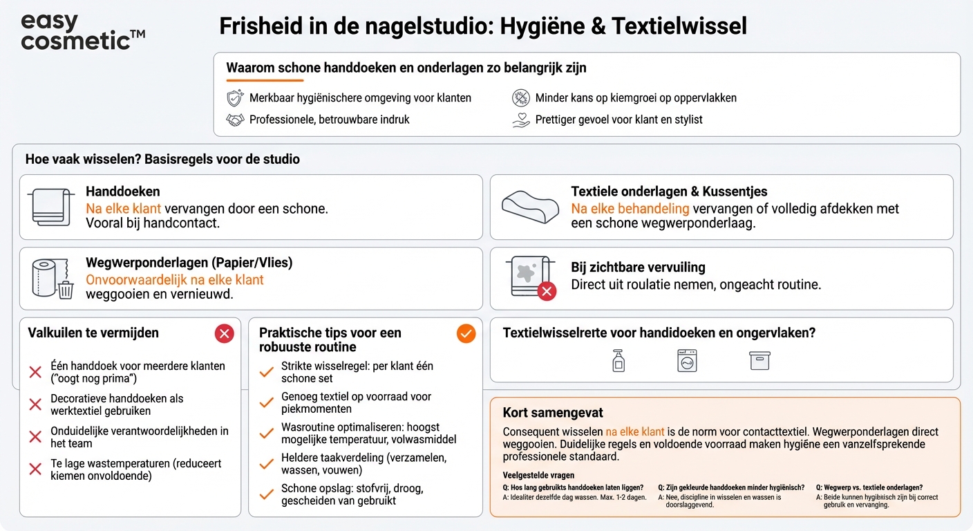 Hoe vaak moeten handdoeken en onderleggers in de nagelstudio worden vervangen en gewassen?