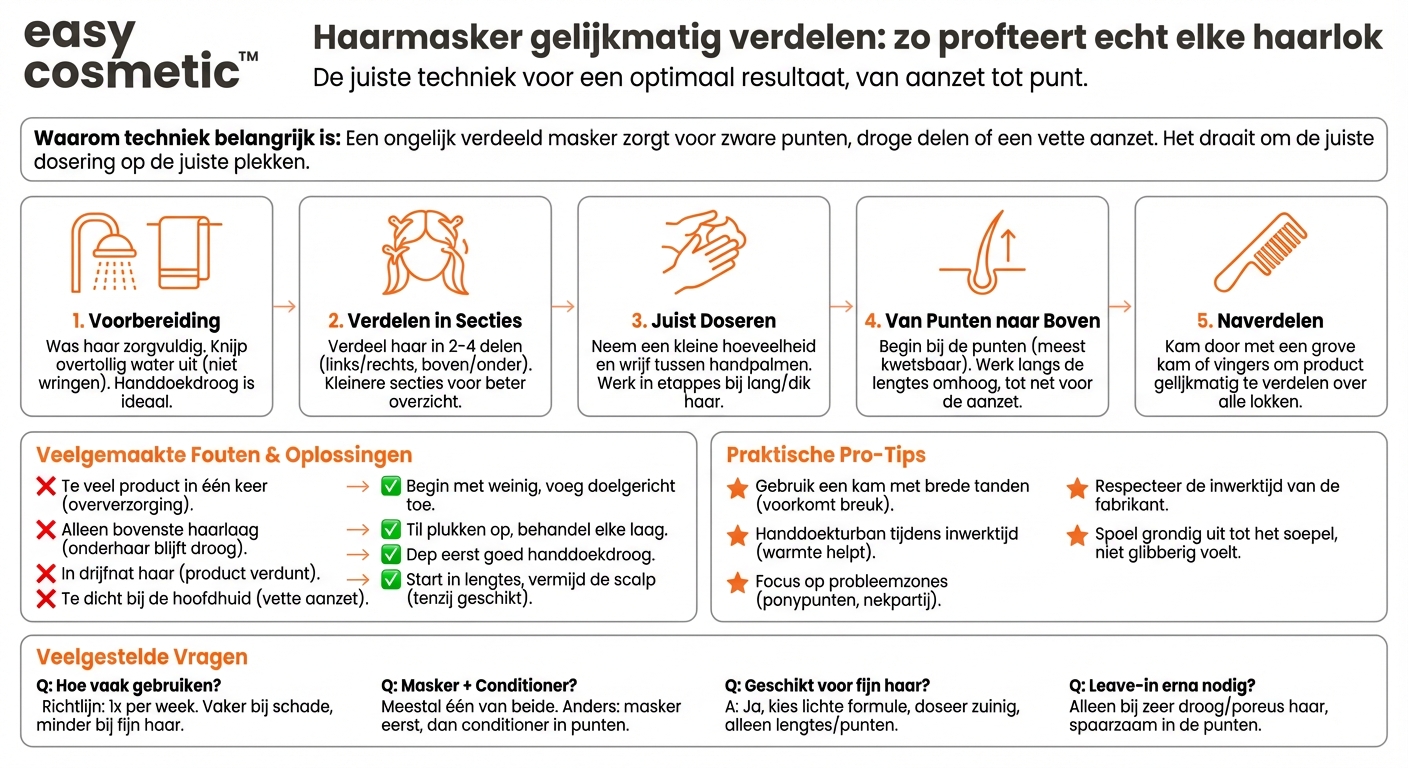 Hoe verdeel ik een haarmasker het best gelijkmatig in het haar zodat alle gedeelten profiteren?
