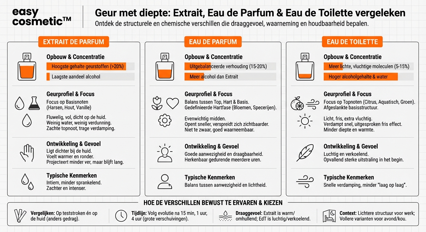 Hoe verschillen Extrait de Parfum, Eau de Parfum en Eau de Toilette in hun chemische samenstelling (afgezien van de concentratie)?
