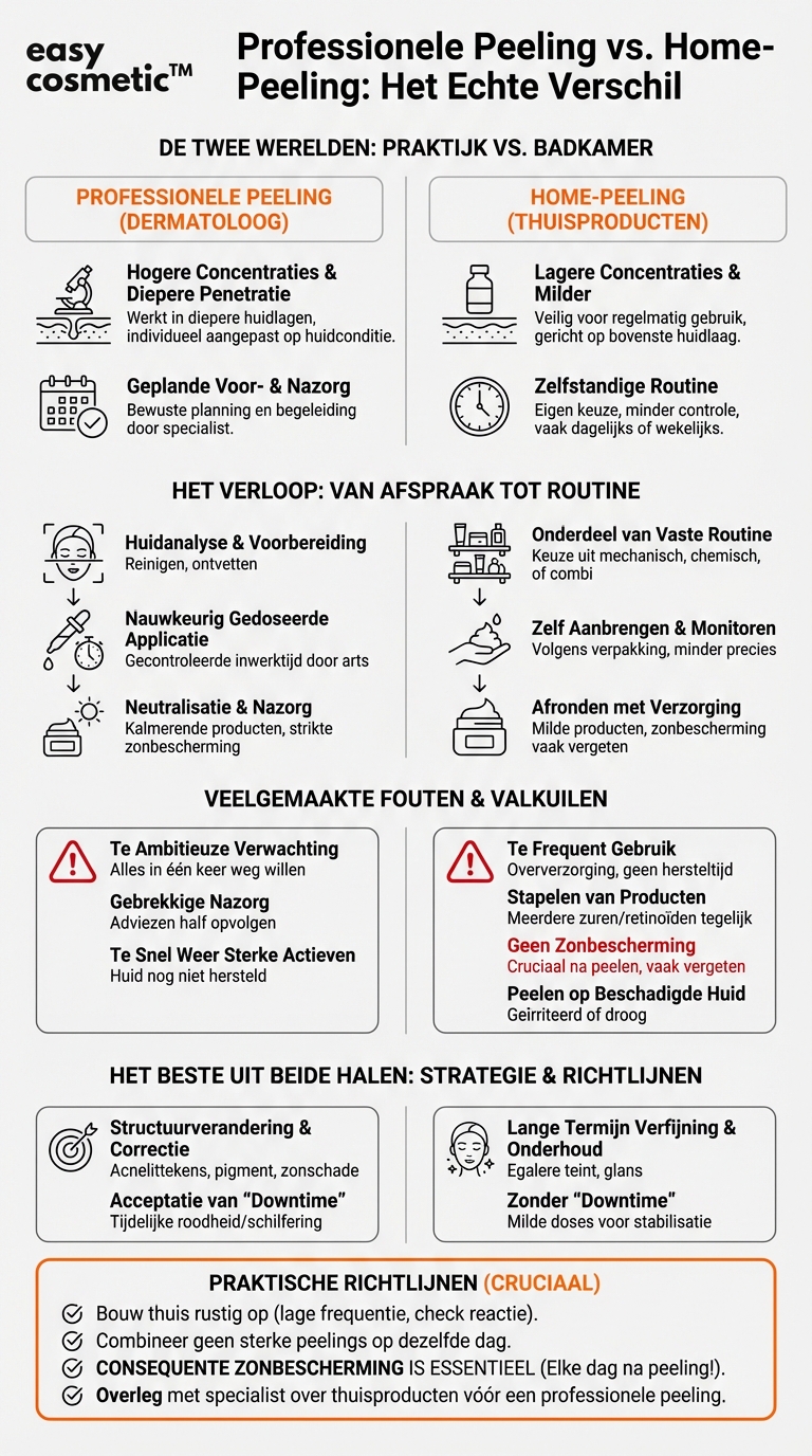 Hoe verschillen professionele peelings bij de dermatoloog van producten voor thuisgebruik?