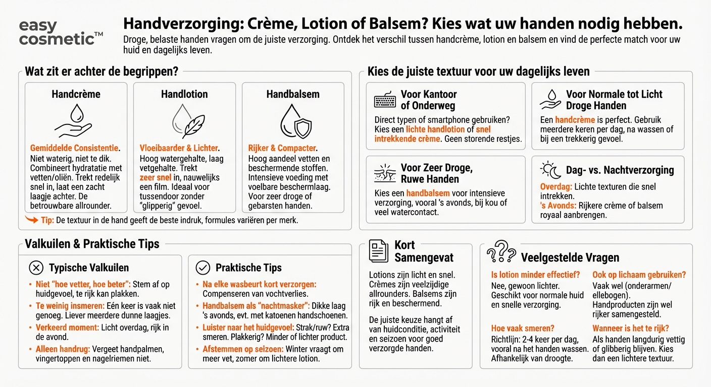 Hoe verschilt een handcrème van een handlotion of een handbalsem?