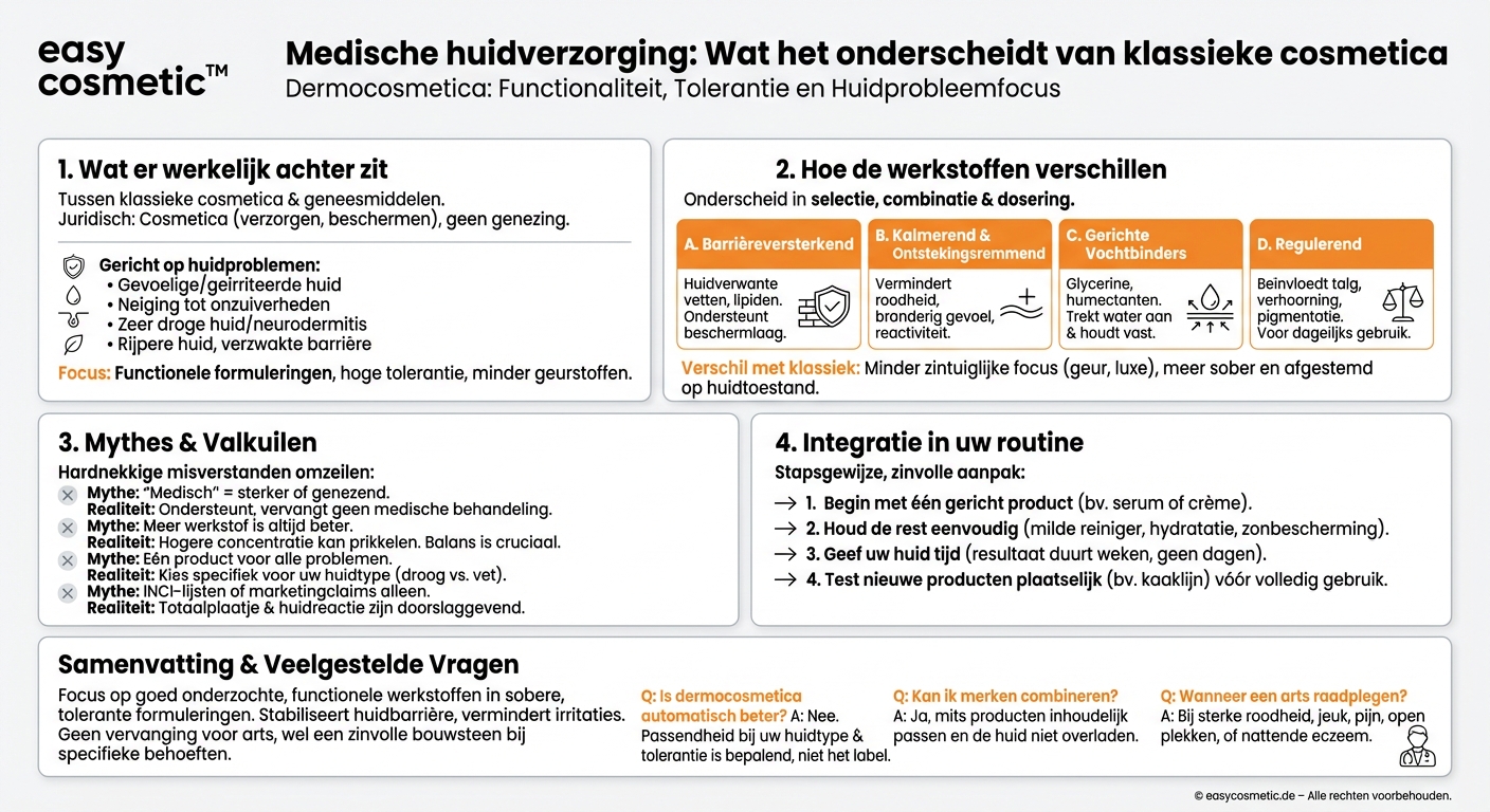 Hoe verschilt medische huidverzorging (dermocosmetica) van conventionele verzorging met betrekking tot de werkstoffen?