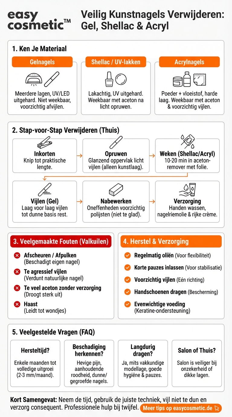 Hoe verwijder ik gel-, shellac- of acrylnagels zonder mijn natuurlijke nagels te beschadigen?