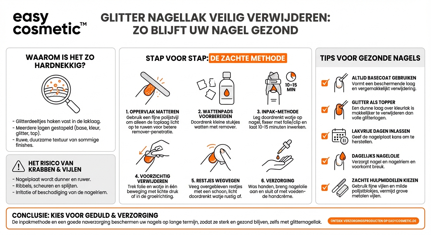Hoe verwijder ik glitter- of effectlak zonder de nagel te beschadigen?