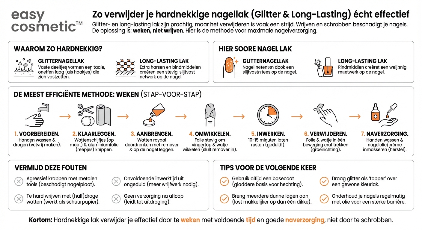 Hoe verwijder ik sterk glinsterende of langhoudende nagellak het meest effectief?