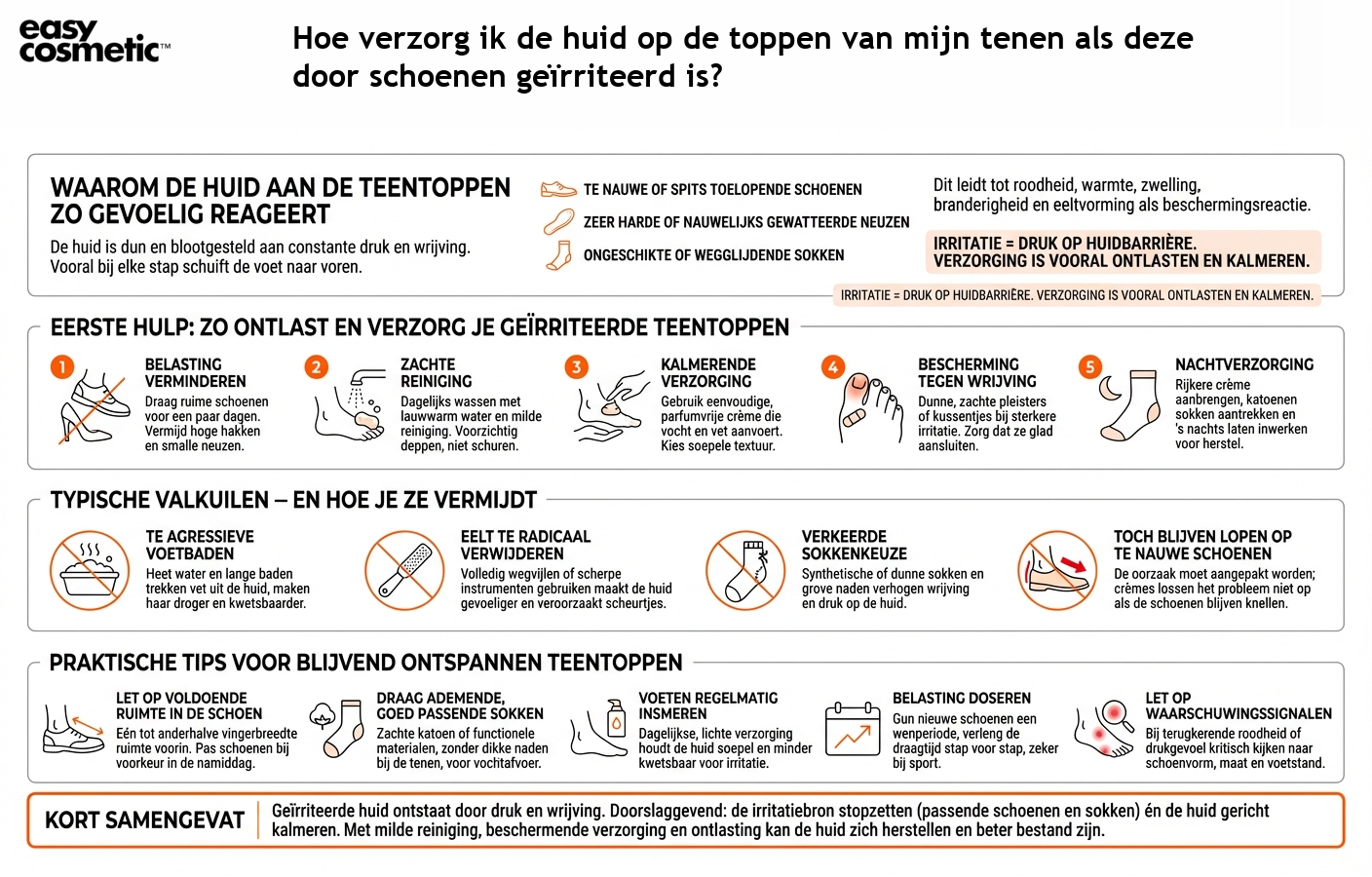 Hoe verzorg ik de huid op de toppen van mijn tenen als deze door schoenen geïrriteerd is?