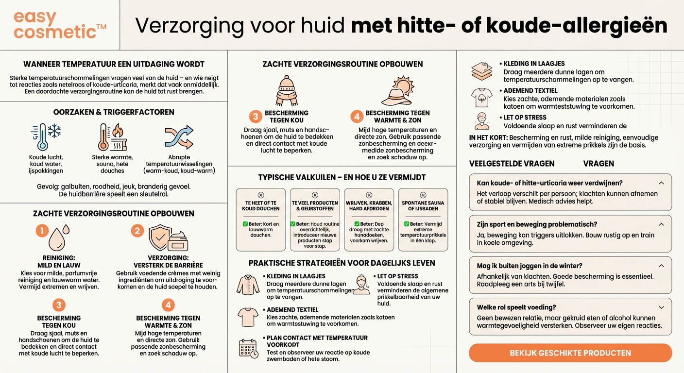 Hoe verzorg ik huid die gevoelig is voor warmte- of kou-allergieën (bijv. netelroos, koude-urticaria)?