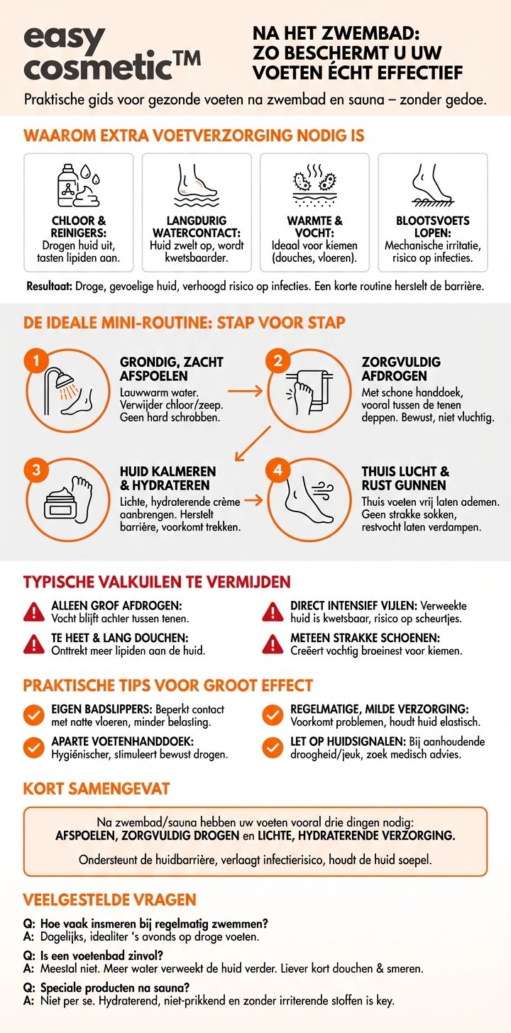 Hoe verzorg ik mijn voeten na een bezoek aan het zwembad of de sauna om de huid te beschermen?