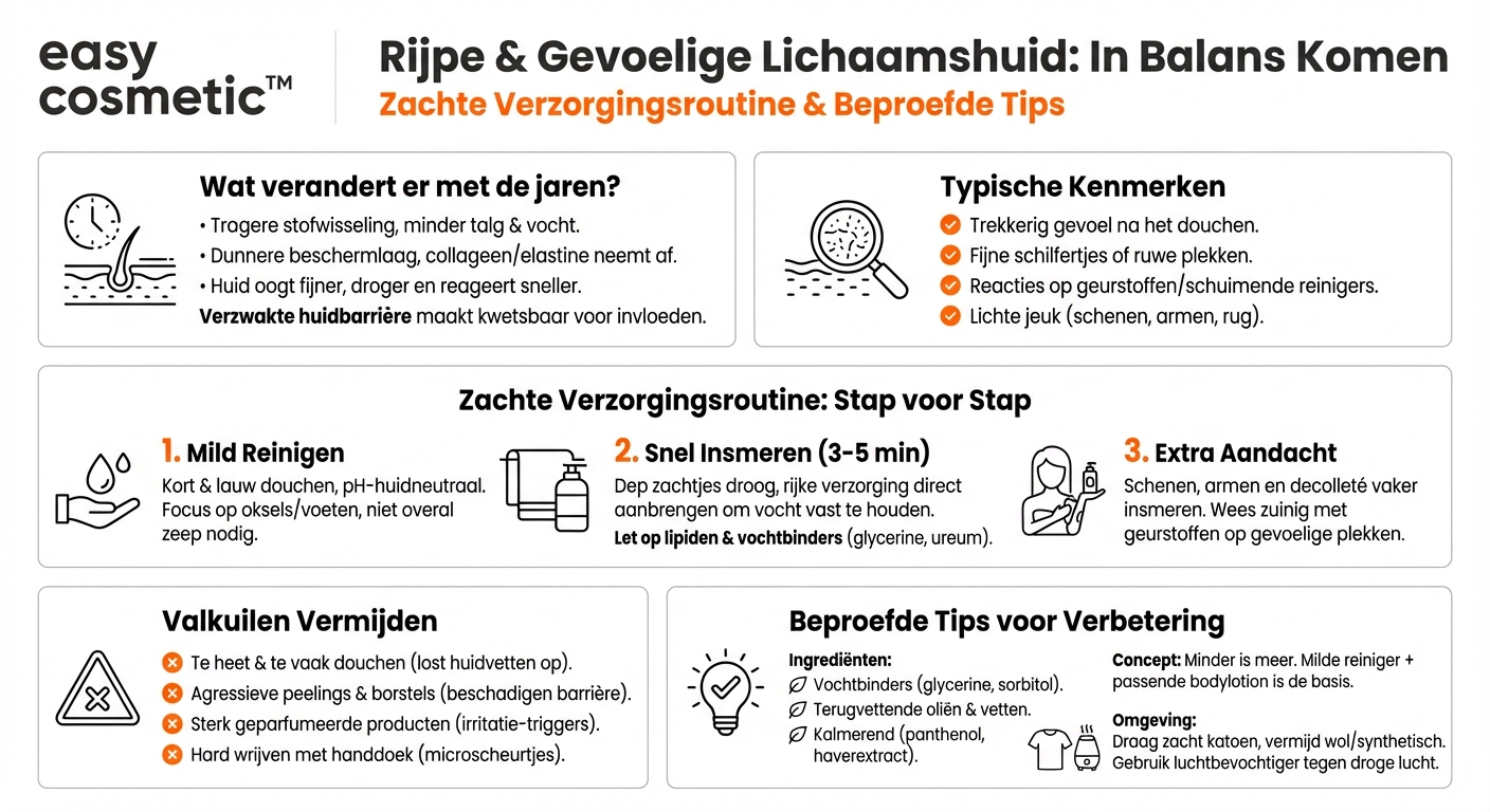 Hoe verzorg je de lichaamshuid op oudere leeftijd wanneer deze tegelijkertijd droog en gevoelig is geworden?
