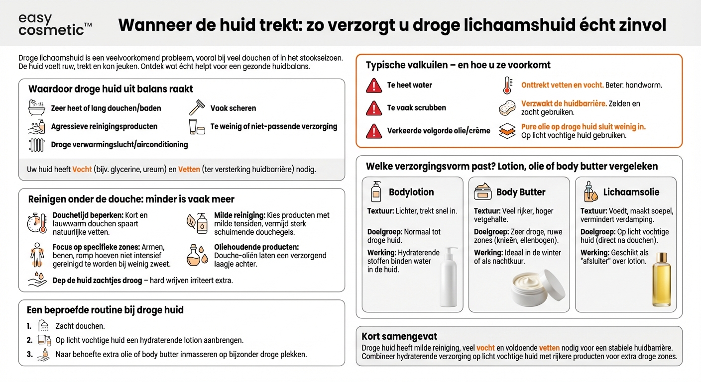 Hoe verzorg je een droge lichaamshuid het beste (douchegel, olie, lotion, boter)?