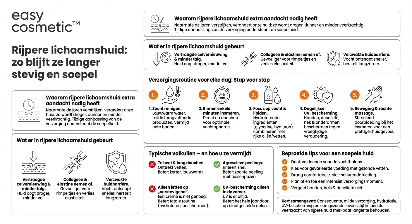 Hoe verzorg je rijpere lichaamshuid zodat deze langer stevig en soepel blijft?