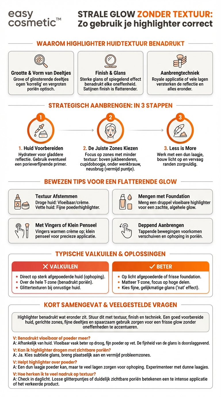 Hoe voorkom ik dat highlighter textuur en poriën te sterk benadrukt?