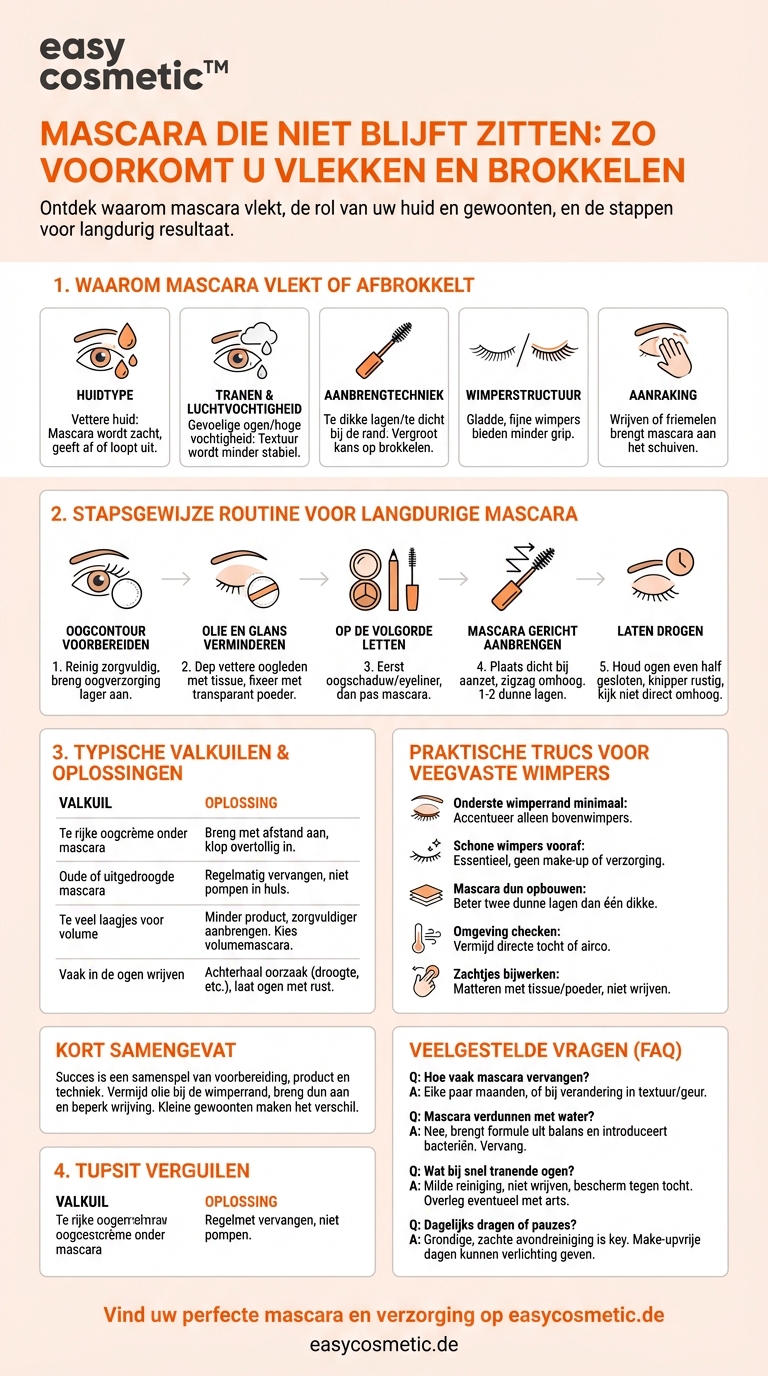 Hoe voorkom ik dat mascara in de loop van de dag uitloopt of afbrokkelt?