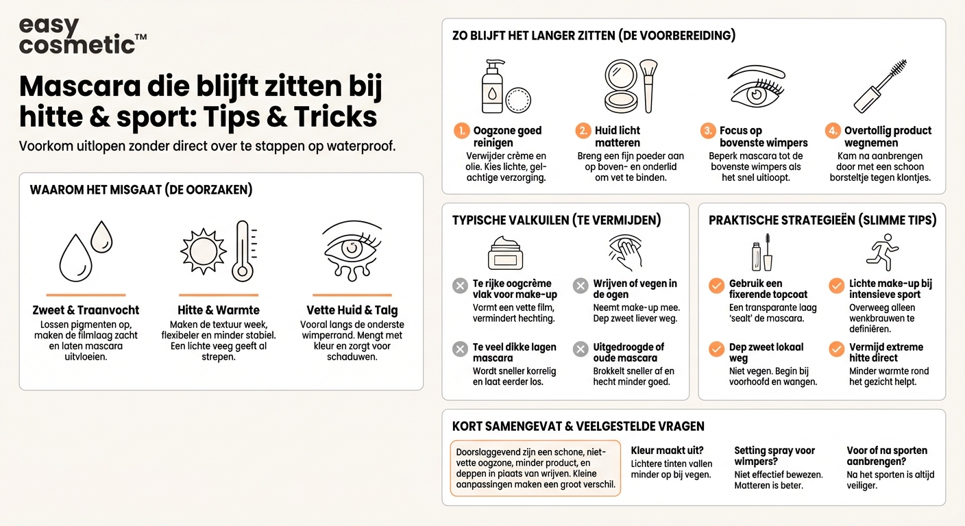 Hoe voorkom ik dat mascara tijdens het sporten of op zeer hete dagen er onverzorgd uitziet, zonder per se waterproof te gebruiken?