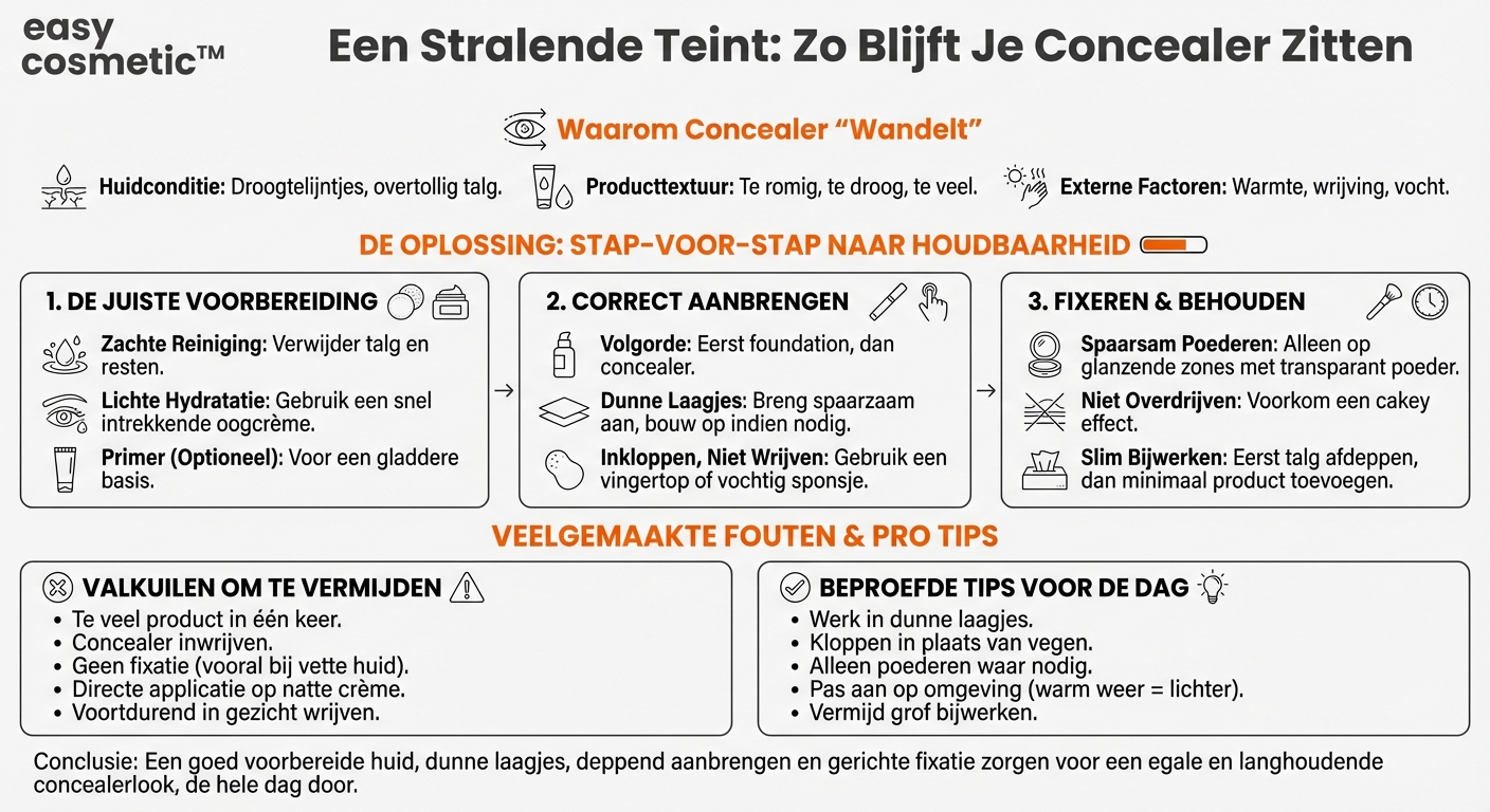 Hoe voorkom ik dat mijn concealer in de loop van de dag vlekkerig wordt of verdwijnt?