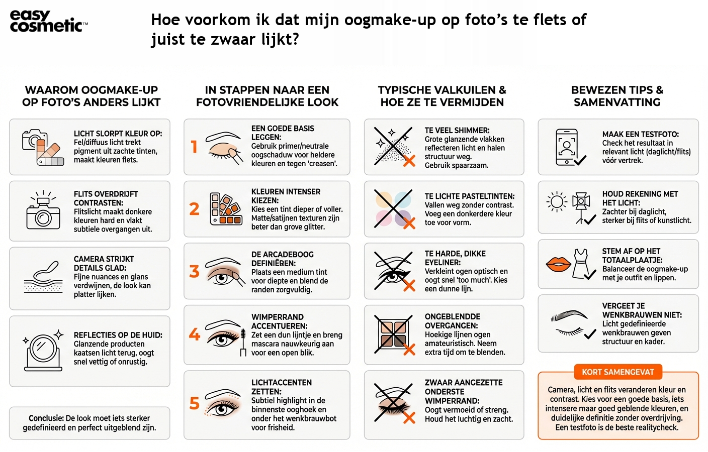 Hoe voorkom ik dat mijn oogmake-up op foto’s te flets of juist te zwaar lijkt?