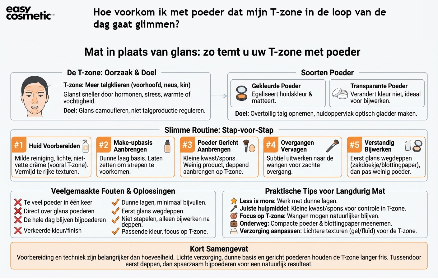 Hoe voorkom ik met poeder dat mijn T-zone in de loop van de dag gaat glimmen?