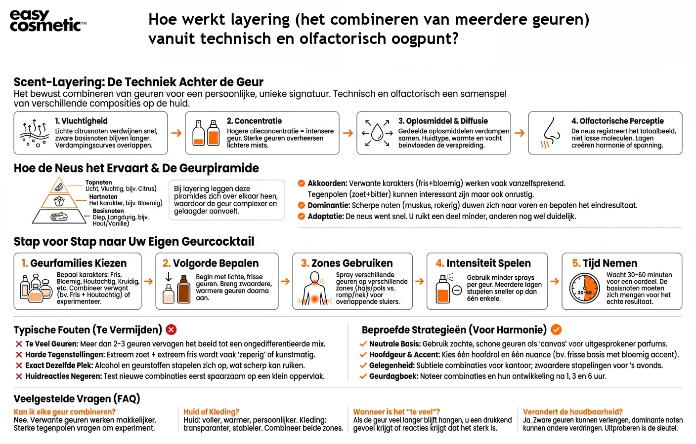 Hoe werkt layering (het combineren van meerdere geuren) vanuit technisch en olfactorisch oogpunt?