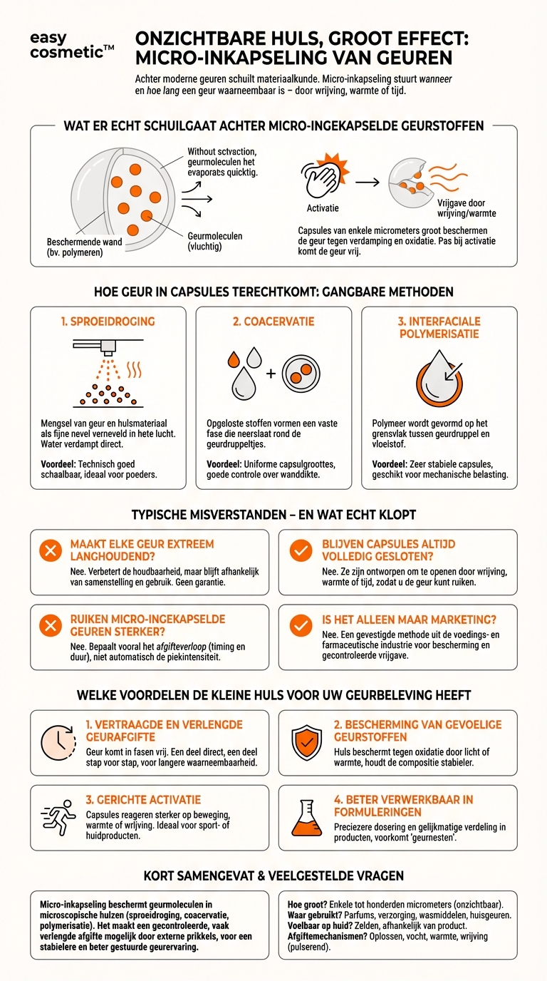 Hoe worden geurmoleculen in parfums microgecapsuleerd en welke voordelen biedt deze technologie?