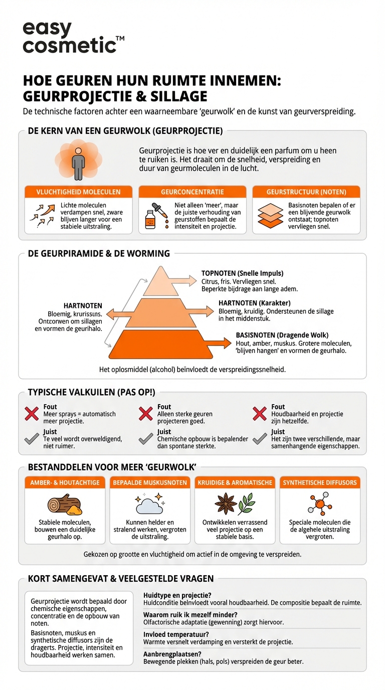 Hoe wordt de geurprojectie (sillage) technisch beïnvloed en welke ingrediënten zorgen voor meer ‘geurwolk’?