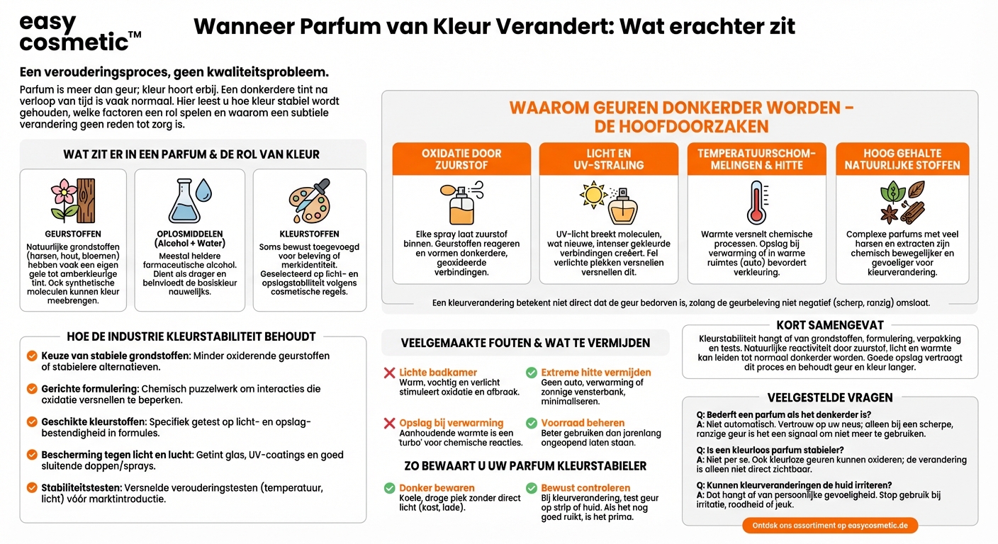 Hoe wordt de kleurstabiliteit van een parfum technisch gegarandeerd en waarom kunnen geuren na verloop van tijd donkerder worden?
