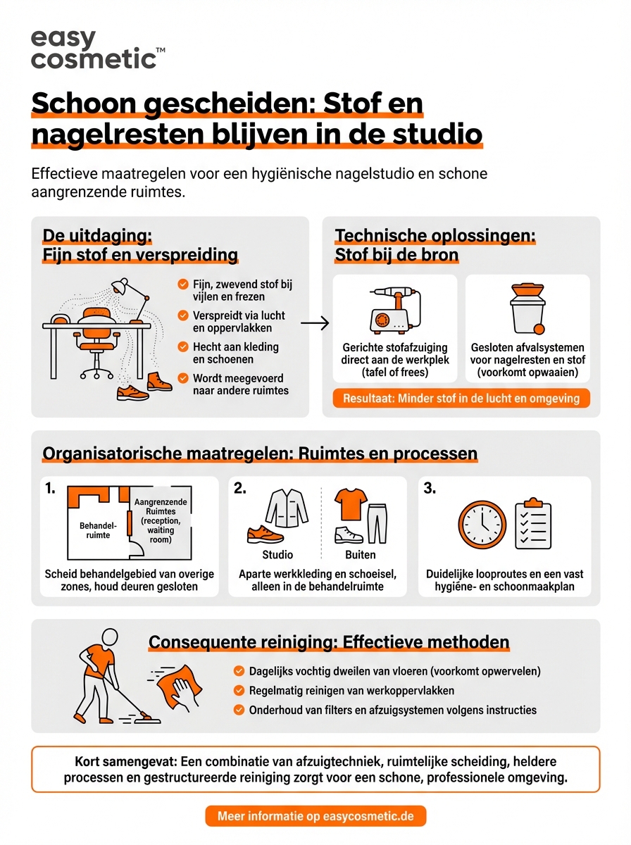 Hoe wordt voorkomen dat stof en nagelresten naar aangrenzende ruimtes van de salon worden verspreid?