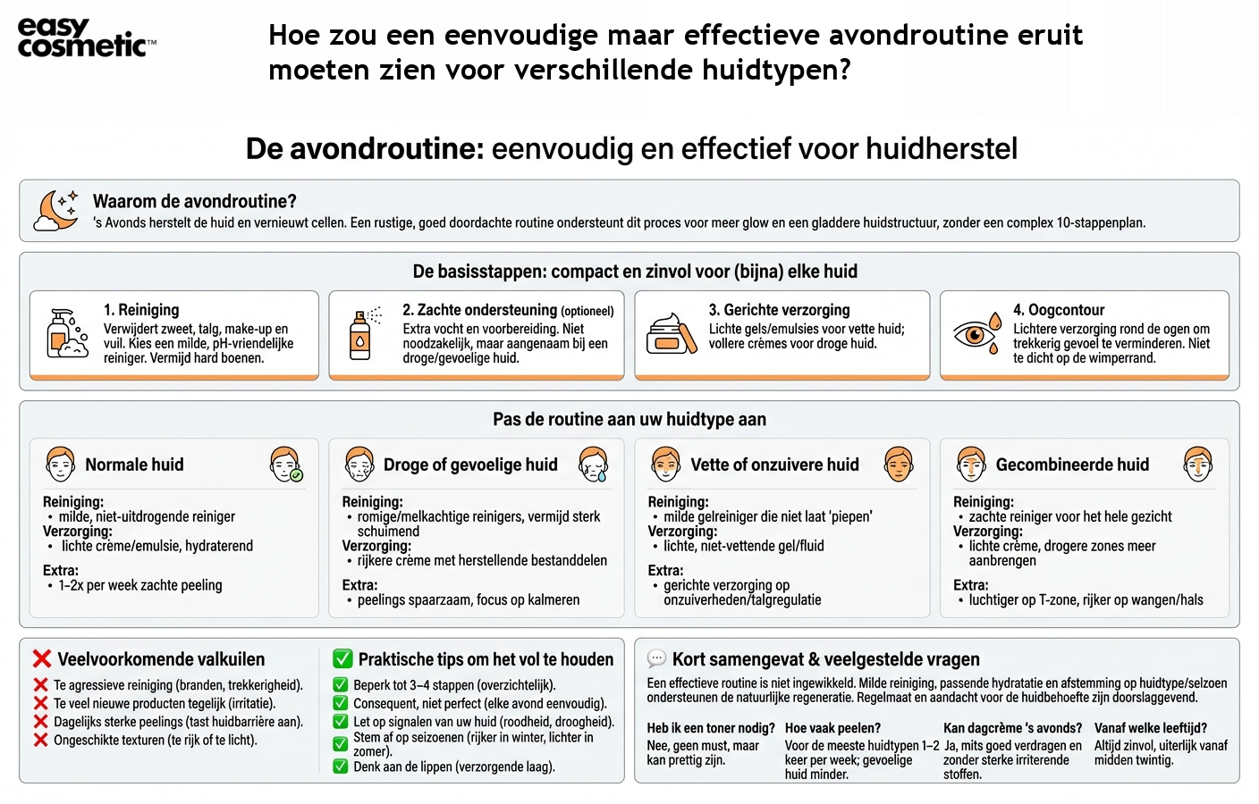 Hoe zou een eenvoudige maar effectieve avondroutine eruit moeten zien voor verschillende huidtypen?