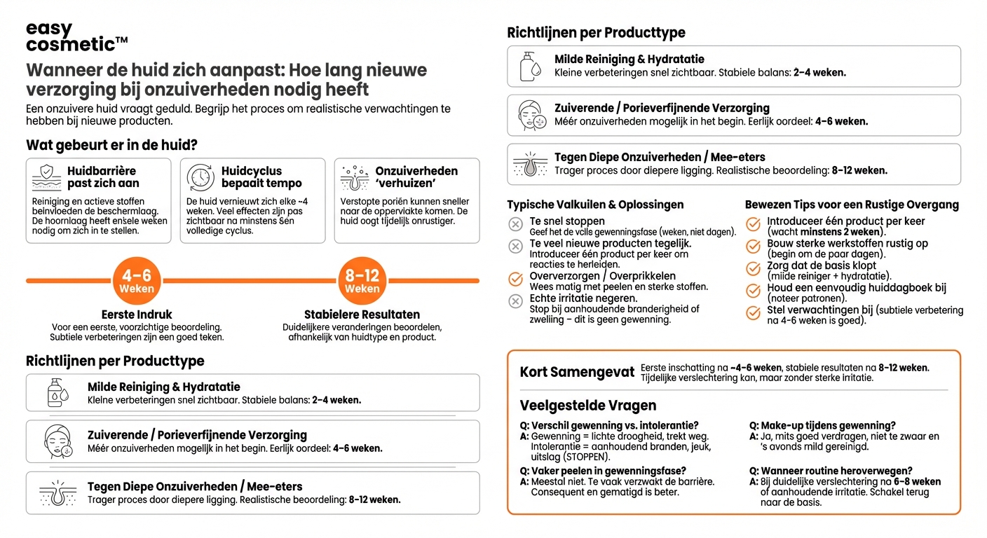 Hoelang duurt het voordat mijn huid gewend is aan nieuwe verzorgingsproducten tegen onzuiverheden?