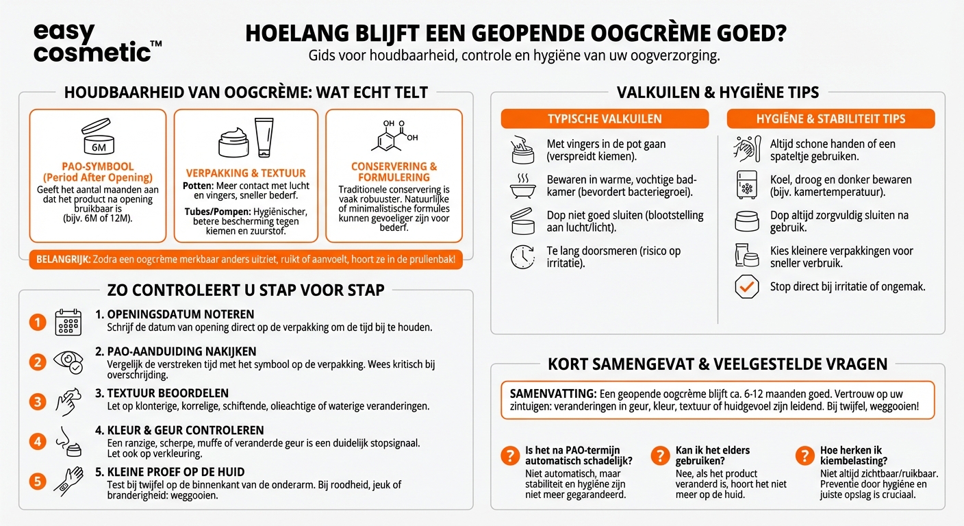 Hoelang is een geopende oogcrème houdbaar en hoe herken ik of zij nog bruikbaar is?