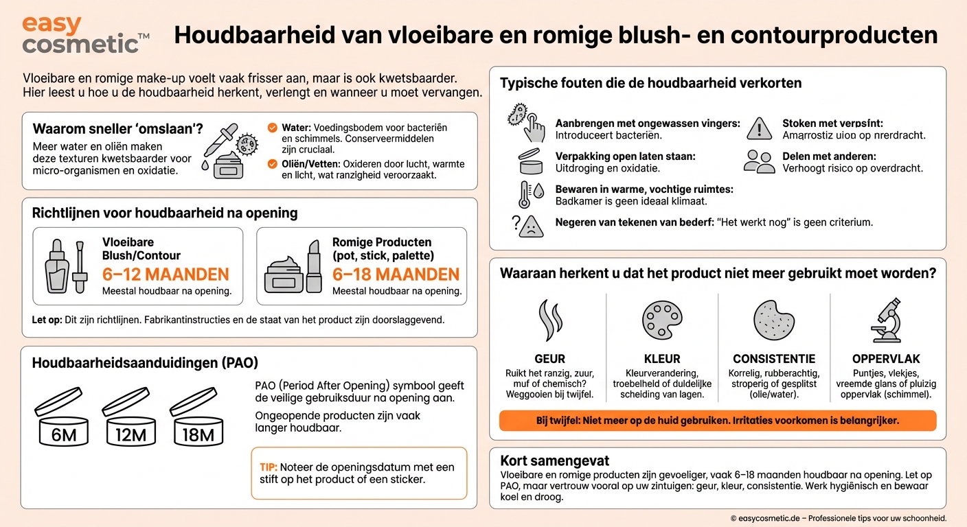 Hoelang zijn vloeibare en romige blush- of contourproducten doorgaans houdbaar?
