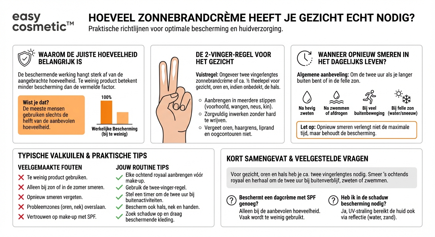 Hoeveel zonnecrème heb ik nodig voor mijn gezicht en hoe vaak moet ik opnieuw aanbrengen?