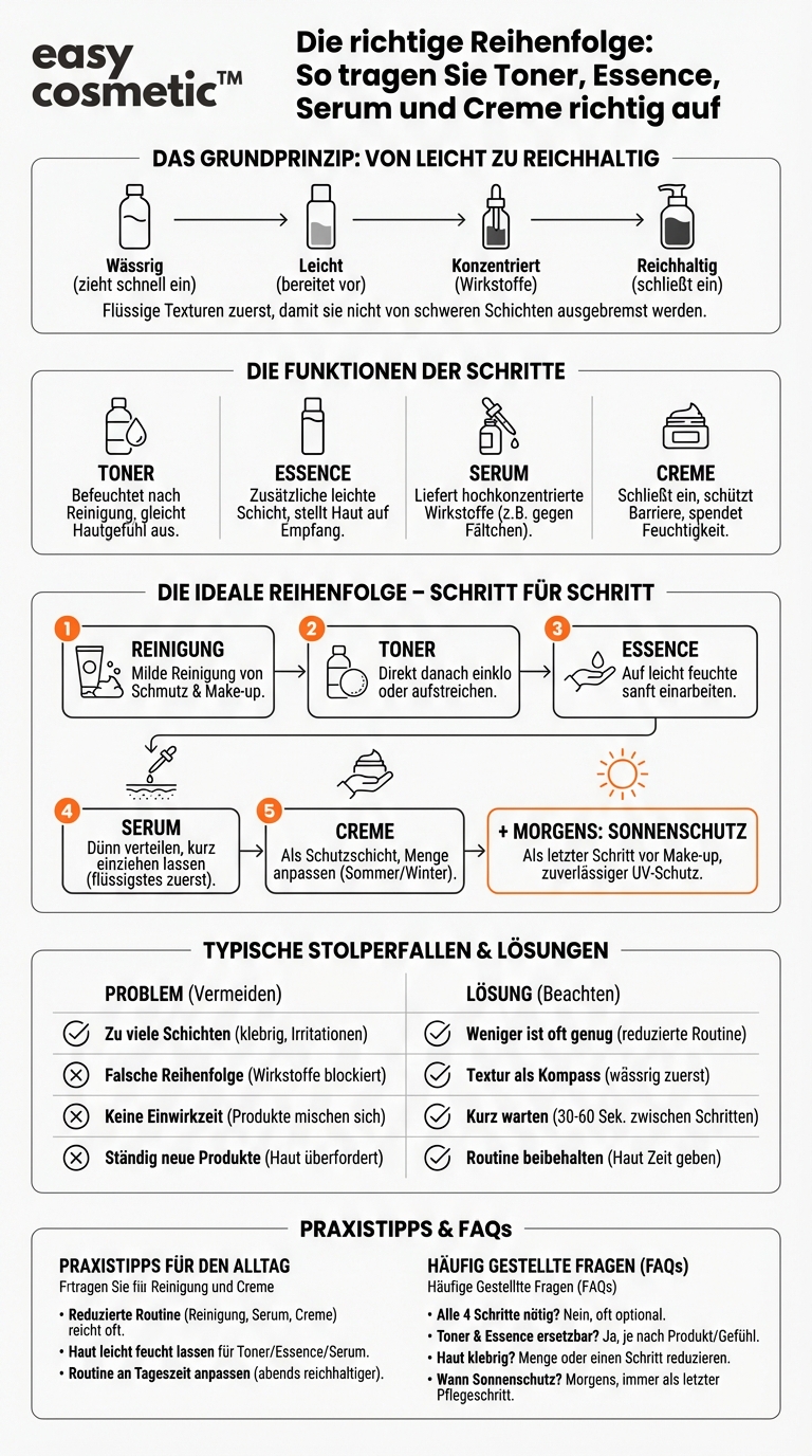 In welcher Reihenfolge trage ich Toner, Essence, Serum und Creme auf?