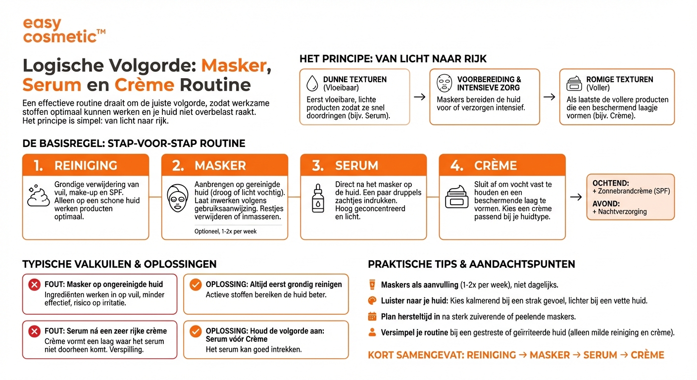 In welke volgorde breng ik masker, serum en crème aan in mijn routine?
