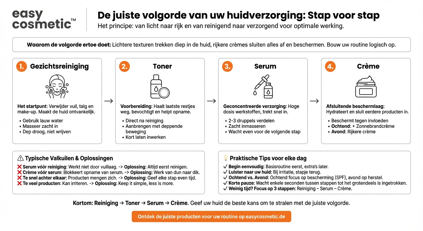 In welke volgorde gebruik ik gezichtsreiniger, toner, serum en crème?