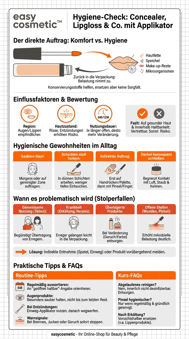 Ist es hygienisch bedenklich, direkt mit dem Applikator von Concealer oder Lipgloss auf die Haut zu gehen?