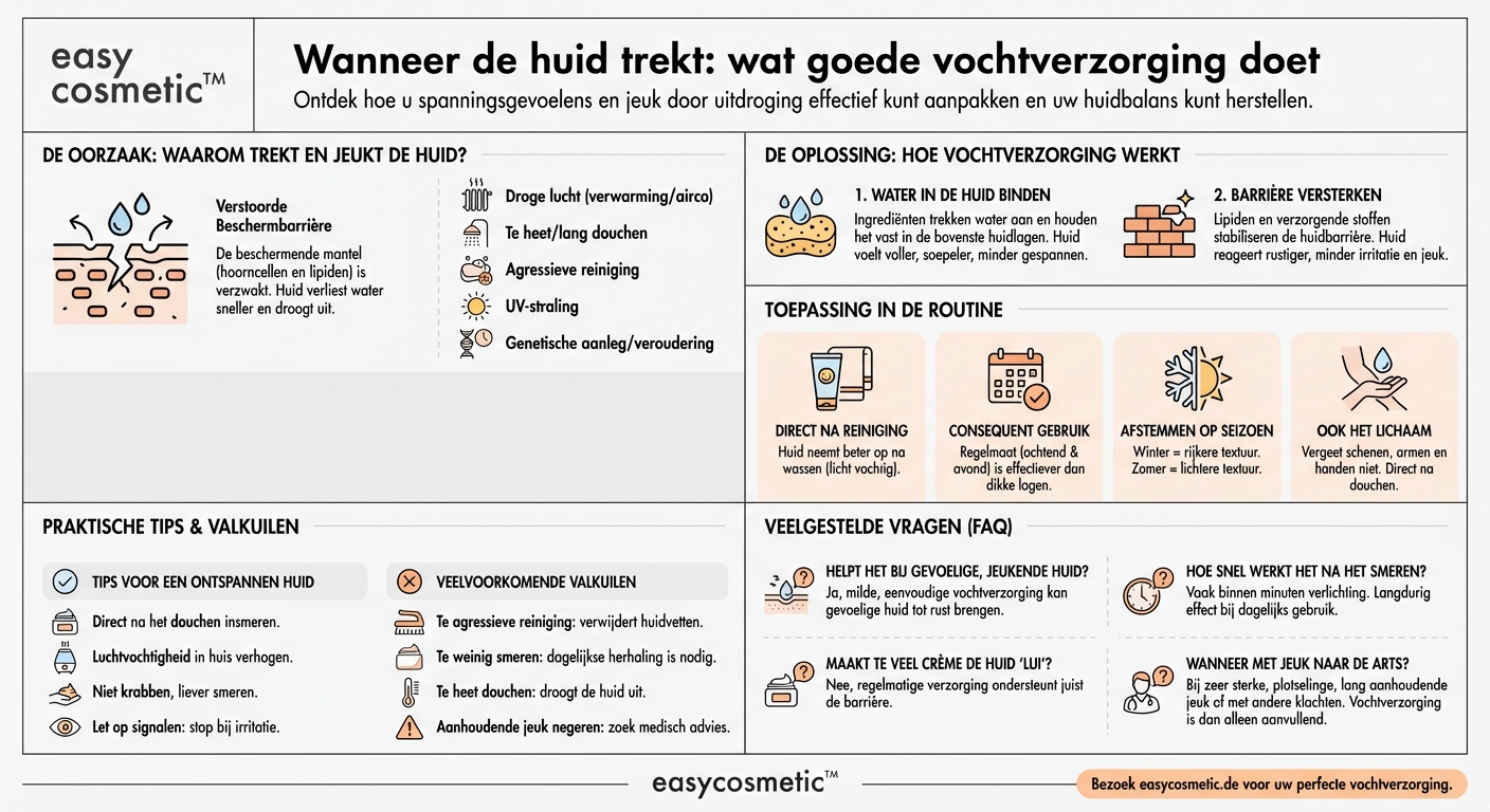 Kan een vochtinbrengende verzorging helpen om een trekkerig gevoel en jeuk van de huid te verlichten?