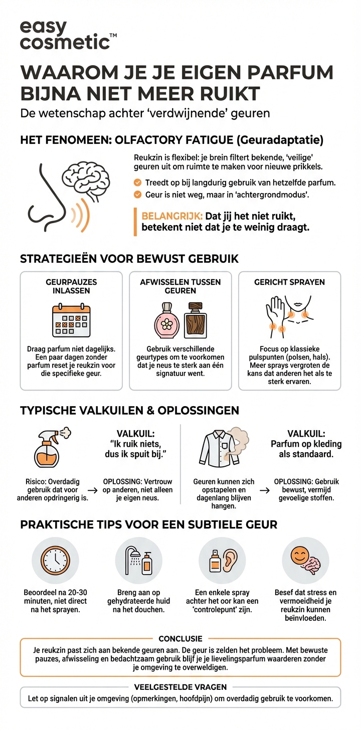 Kan het frequente dragen van hetzelfde parfum ertoe leiden dat ik het zelf nauwelijks nog waarneem, en wat kan ik daartegen doen?