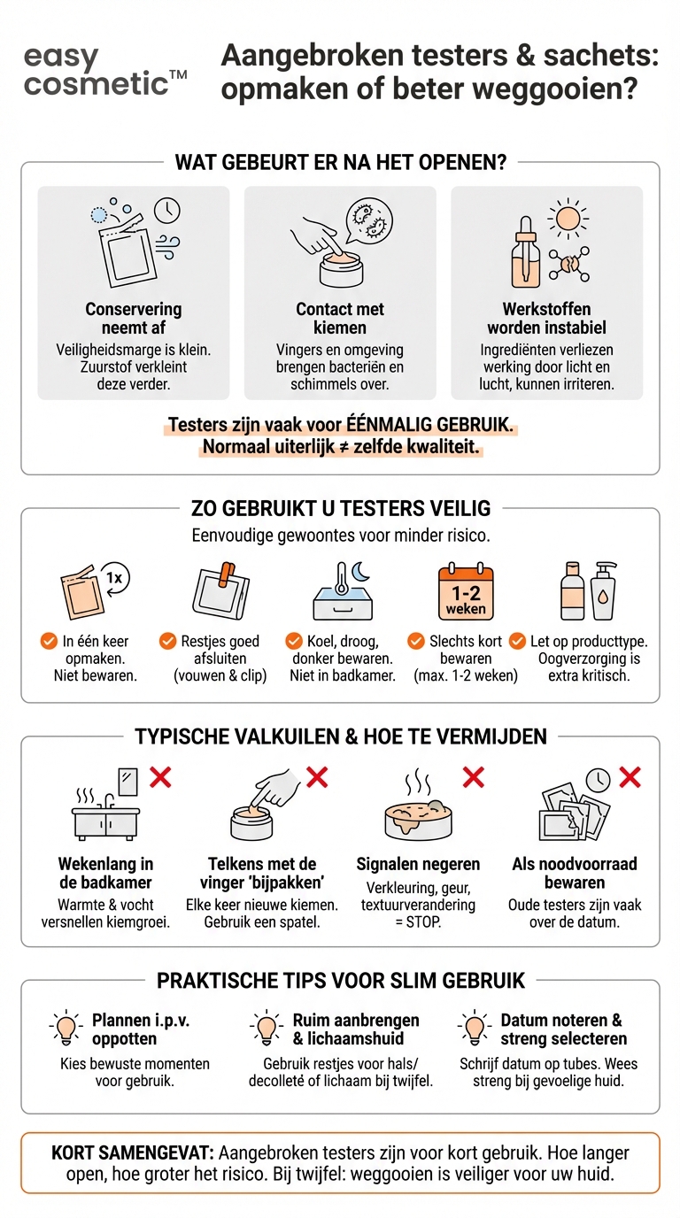 Kan ik aangebroken testers en sachets later nog gebruiken of moeten ze direct worden opgebruikt?
