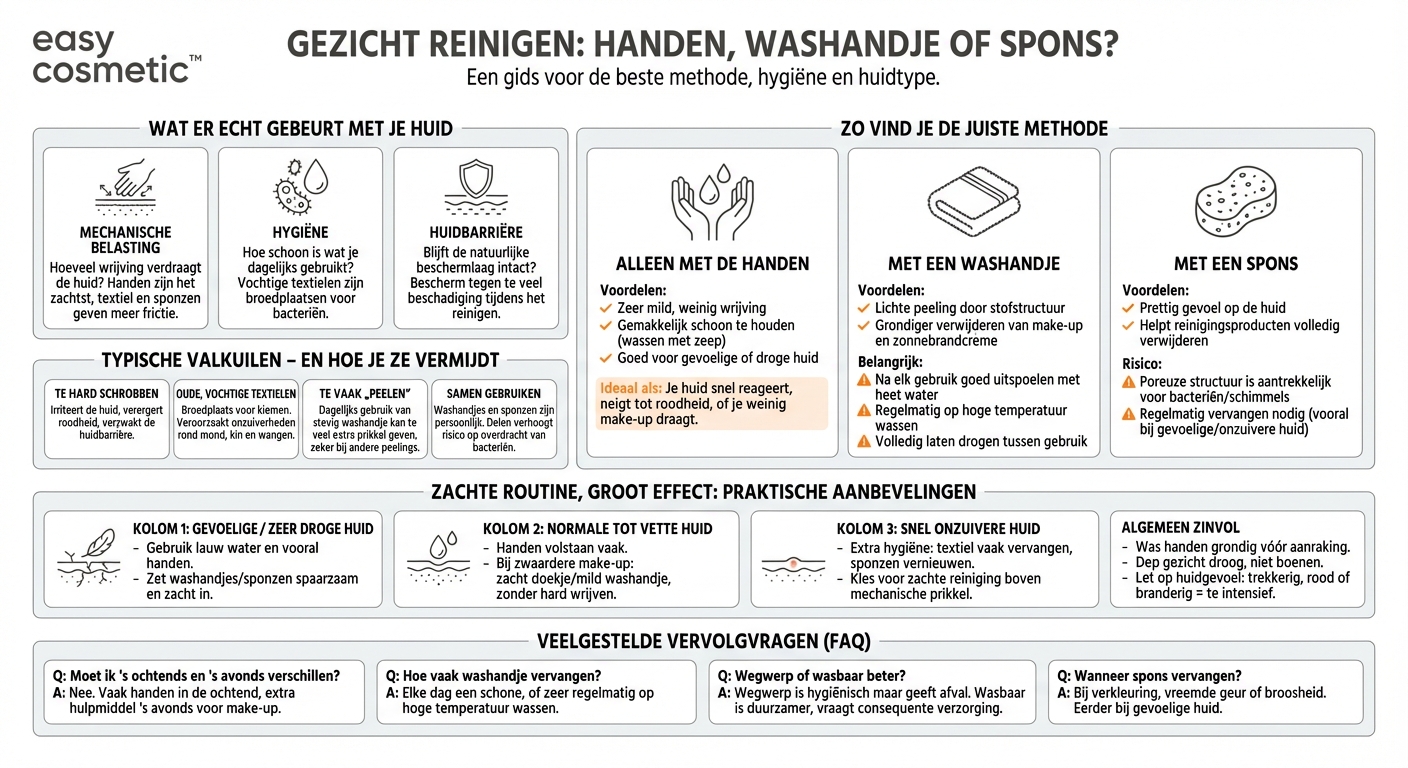 Kan ik mijn gezicht reinigen met een washandje of spons, of moet ik alleen mijn handen gebruiken?