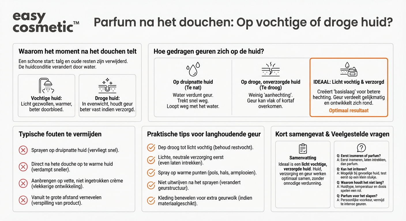 Kan ik parfum na het douchen op een vochtige huid sprayen of moet de huid droog zijn?