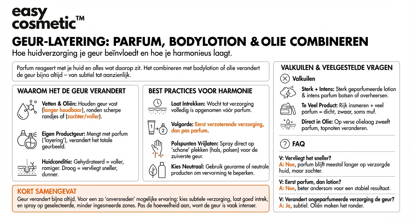 Kan ik parfum over een al aangebrachte bodylotion of body oil sprayen zonder de geur te veranderen?