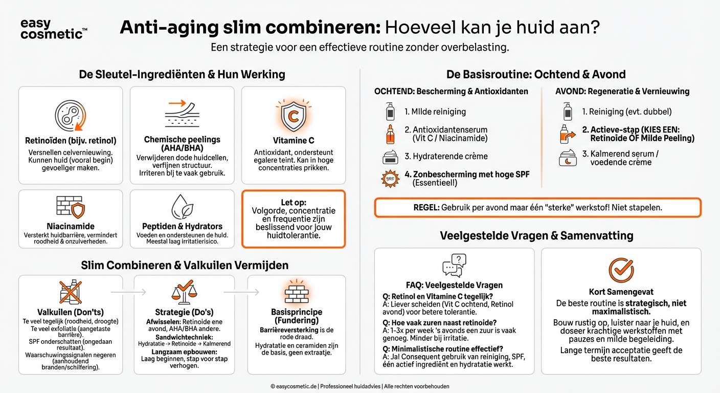 Kan ik verschillende anti-agingwerkstoffen in één routine combineren zonder mijn huid te overbelasten?