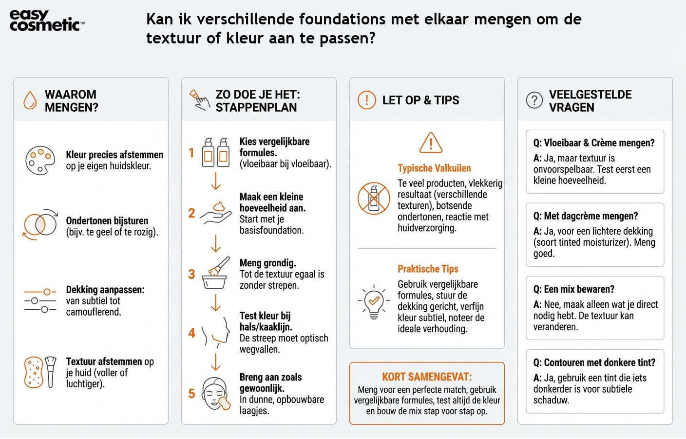 Kan ik verschillende foundations met elkaar mengen om de textuur of kleur aan te passen?